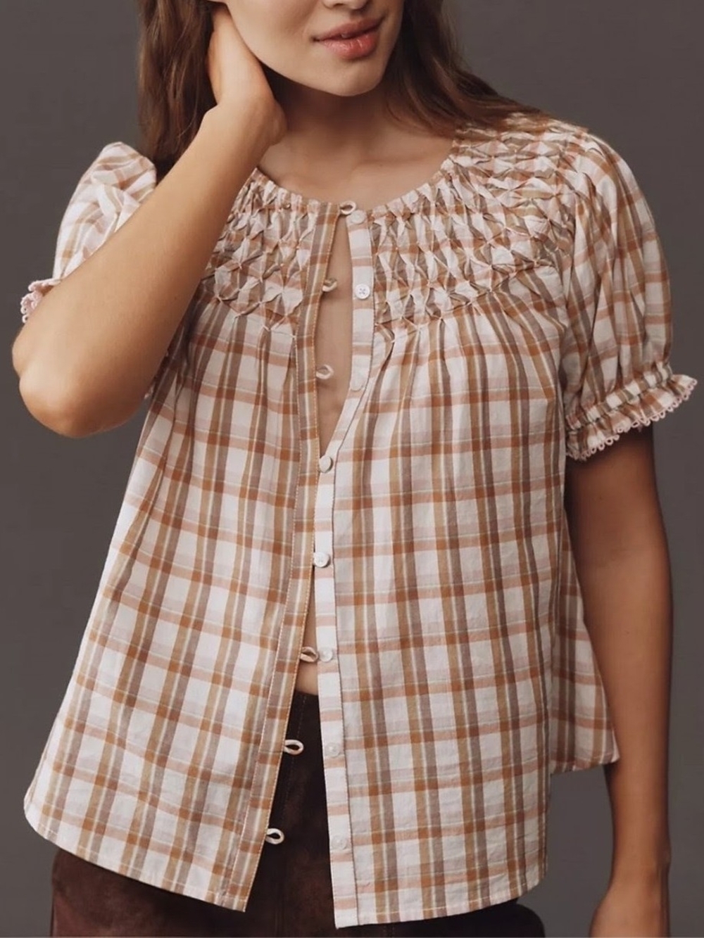 Anthropologie Plaid Smocked Short Sleeve Button Front Top Rose Brown Size L